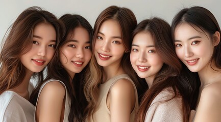 Obraz premium A group of beautiful Korean women with long hair, smiling and posing for the camera in various poses. They have natural makeup and bright smiles that radiate confidence and beauty.