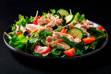 A plate of salad with chicken and tomatoes