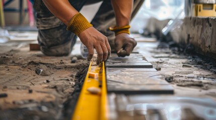 A skilled worker is using a level to ensure the tiles are perfectly aligned and even.