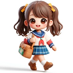 A detailed 3D model of a cute cartoon student girl with a cheerful smile.
