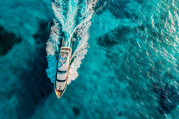 A boat is sailing in the ocean with a blue sky in the background