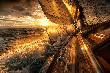 A sailboat is sailing in the ocean with the sun setting in the background