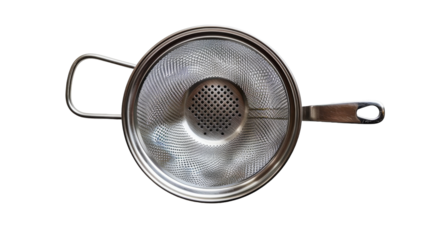 A metal strainer with a wooden handle placed on a kitchen countertop