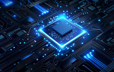 Abstract circuit board background with a chip and blue light effect on a dark blue color. High quality, sharp focus illustration for a tech concept background. The power source is the central processi