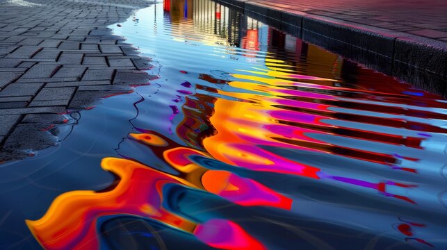  A building's reflection in the water of a street - repeated threefold