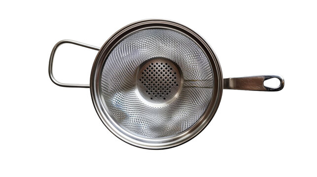 A metal strainer with a wooden handle placed on a kitchen countertop