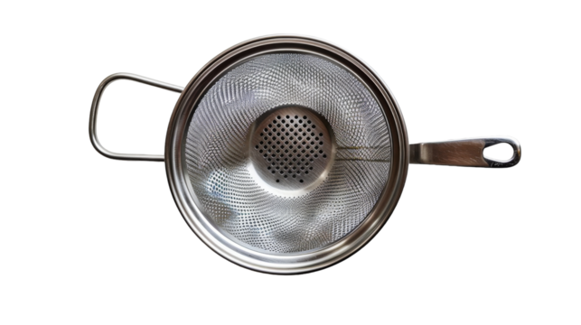 A metal strainer with a wooden handle placed on a kitchen countertop