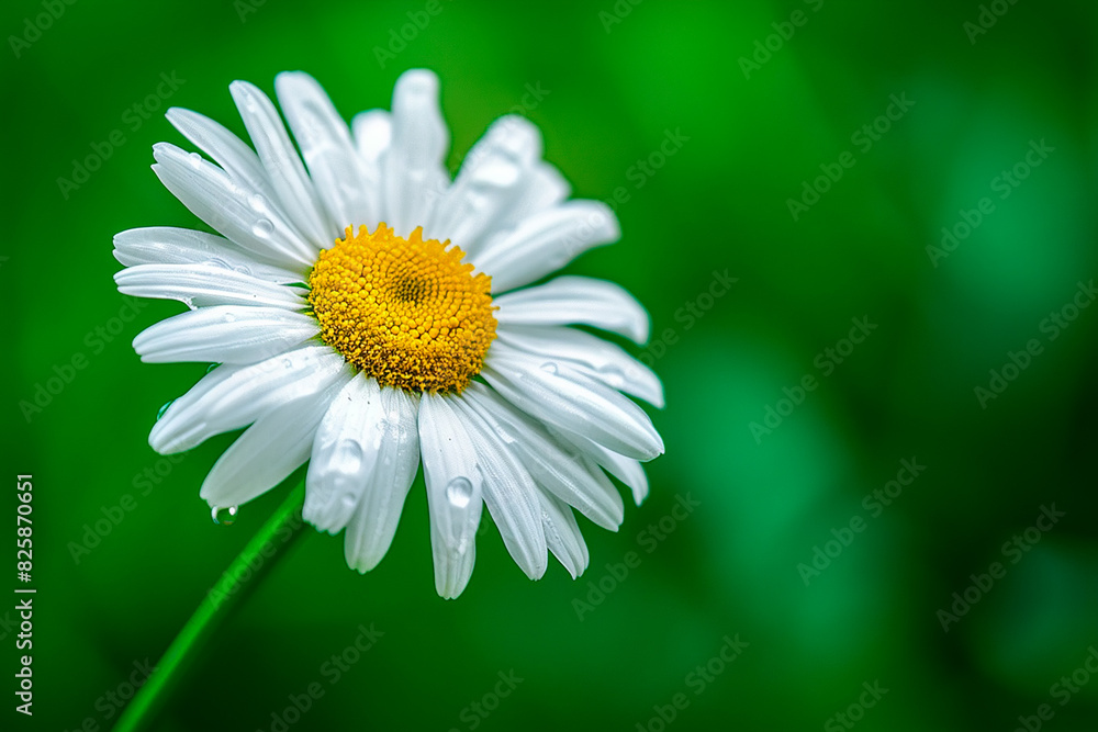 Poster a white flower with a yellow center is in a green background