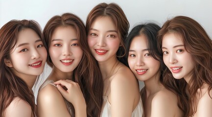 Obraz premium A group of beautiful Korean women with long hair, smiling and posing for the camera in various poses. They have natural makeup and bright smiles that radiate confidence and beauty.