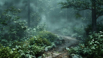 Misty forest trail: High resolution image capturing the beauty of a foggy landscape on a glossy backdrop, ideal for backpacking concept