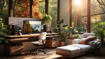 A modern office space featuring a standing desk, dual monitors, and a comfortable stool, promoting a healthy and productive work environment.