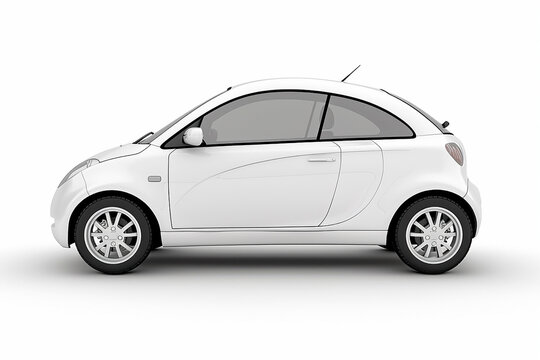 A white car is parked on a white background