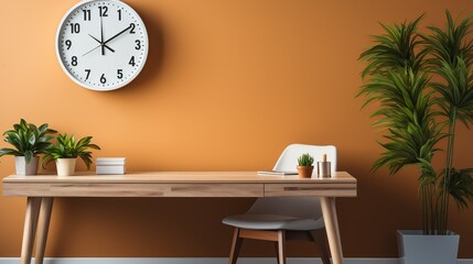 A minimalist office background with a plain white wall, a wooden desk, a minimalist clock, and a small indoor plant, creating a serene and focused workspace.