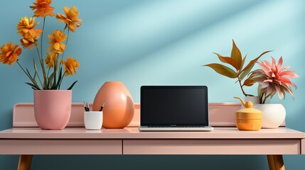 A colorful office background featuring a vibrant desk mat, matching stationery, and a minimalist computer setup, adding a playful touch to a modern workspace.