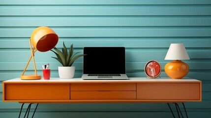 A colorful office background featuring a vibrant desk mat, matching stationery, and a minimalist computer setup, adding a playful touch to a modern workspace.