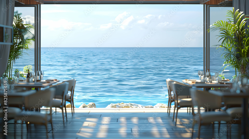 Poster luxury ocean view dining experience: stunning high resolution image of elegant beach resort dining s