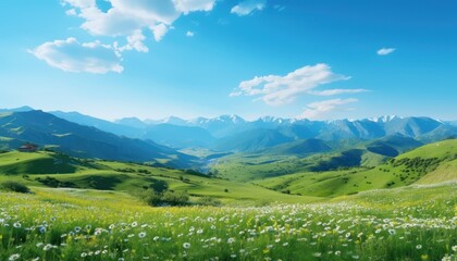 Fototapeta premium A stunning spring day landscaping views of fertile land surrounded beautiful green vegetation, wide stretches of hills and mountains with clear skies in spring