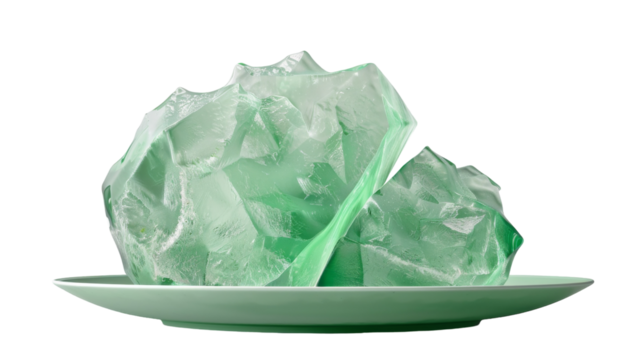 Two green crystals displayed on a white plate against a white background