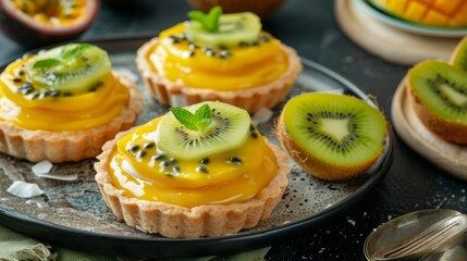 A coconut cream tart filled with layers of tangy mango and passionfruit curd topped with a slice of fresh kiwi.