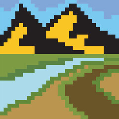 Fototapeta premium Mountain and river landscape in pixel art style
