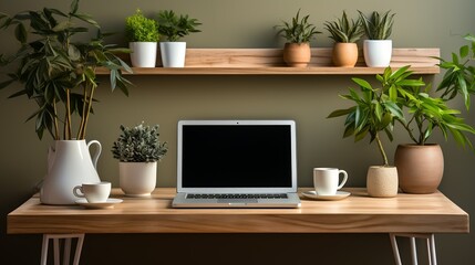 A minimalist office setup with a clean desk, a tablet, a minimalist desk organizer, and a cup of coffee, promoting a clutter-free and efficient workspace.