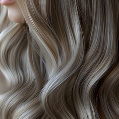 Naklejka premium Elegant swirls of golden blond hair with a silky texture. Close-up. Shiny healthy hair texture for stunning backgrounds.