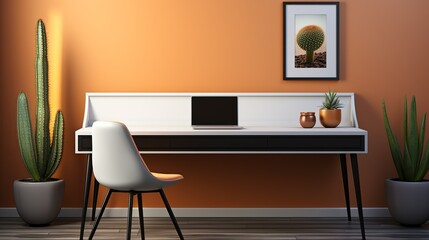 A minimalist workspace with a white desk, a sleek black monitor, a keyboard, and a small cactus, promoting a clean and focused environment.