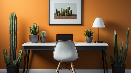 A minimalist workspace with a white desk, a sleek black monitor, a keyboard, and a small cactus, promoting a clean and focused environment.