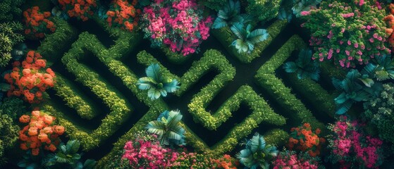 Top view of a lush green maze garden with vibrant flowers and plants. Beautiful intricate foliage design with colorful floral accents.