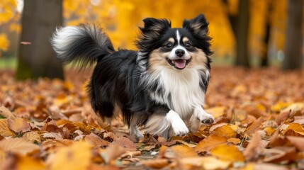  A small black-and-white dog runs through a field dotted with trees and scattered leaves, primarily yellow and orange, blanketing the ground ahead