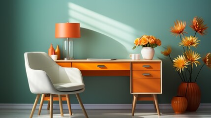A stylish and simple office setup featuring a wooden desk, a white chair, a minimalist lamp, and colorful office supplies, providing a modern and cheerful environment.