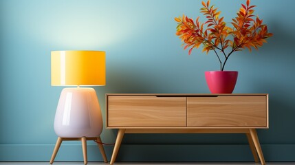 A stylish and simple office setup featuring a wooden desk, a white chair, a minimalist lamp, and colorful office supplies, providing a modern and cheerful environment.