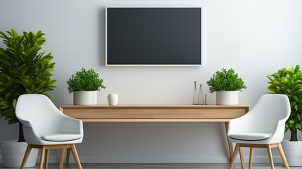 A clean and modern office mock-up with a large monitor, a sleek desk, a plant, and a cup of coffee, emphasizing simplicity and productivity.