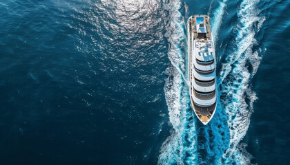 Aerial front view of a generic cruise ship traveling with speed over blue ocean with copy space