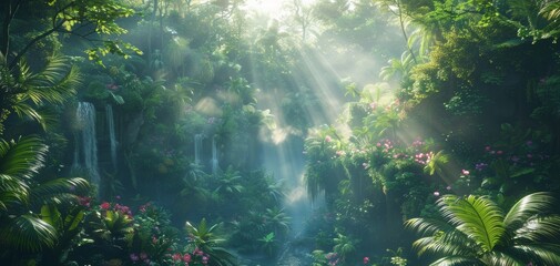 Sunlight streams through a lush green tropical rainforest with dense foliage, vibrant plants, and cascading waterfalls.