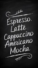 mage of a chalkboard coffee menu with a variety list of espresso, Latte, Cappuccino, Americano, Mocha, written in chalk.