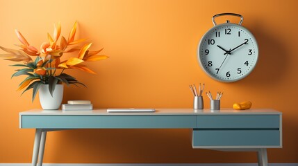 A modern office background featuring a glass desk, a minimalist clock, a laptop, and colorful desk accessories, adding a playful touch to a professional environment.