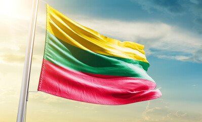 Lithuania national flag waving in beautiful sky.