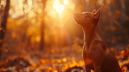  A dog gazes up at the sky in a forest Sunlight filters through leaves above, casting dappled patterns on the ground where they lie thickly The sun shines brightly - Powered by Adobe