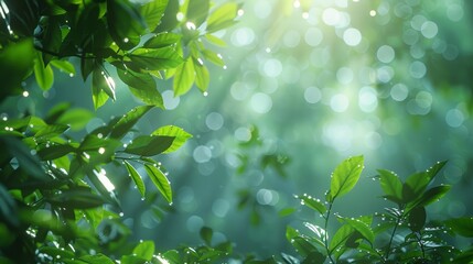 Sunlight filtering through lush green foliage, creating a serene and tranquil natural scene in a forest environment.