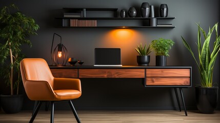 A stylish office background with a wooden desk, a sleek black chair, a modern lamp, and an organized cable management system, emphasizing clean lines and efficiency.