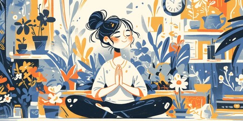 Pixel art of a girl meditating in a room with plants