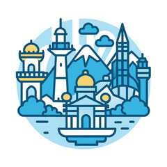 A Stylized Illustration of a City with Buildings, a Mountain, and Clouds