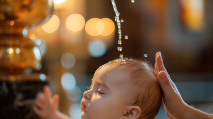 Close-up of hands holding a baby's head during a baptism ritual with water being poured on the infant's head