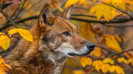  A tight shot of a dog's expressive face gazing at a tree Foreground features yellow and red leaves, while background is a tree with predominantly yellow foliage, softly