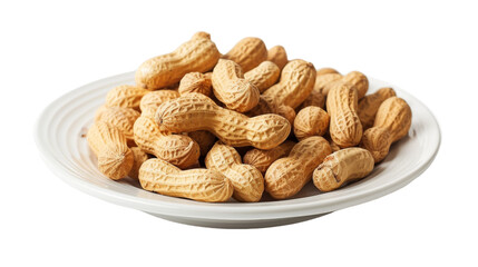 A white bowl filled with peanuts sits on a table