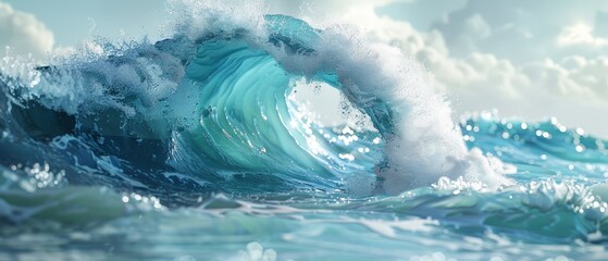 Stunning close-up of a huge ocean wave, capturing its raw power and beauty under a clear sky, crashing majestically.