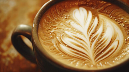 close-up shot of a latte art intricate leaf pattern in creamy froth set against a dark brown background with ceramic mug.