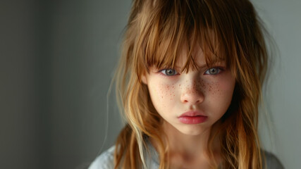Naklejka premium Portrait of an angry, scowling young female child with long brown tousled hair.. Copy space.