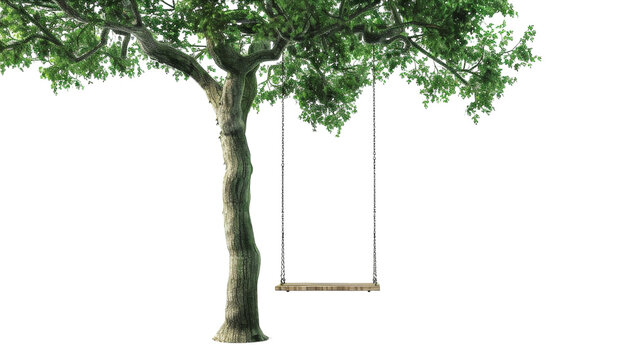 A swing hangs from a tree in a park, swaying gently in the breeze